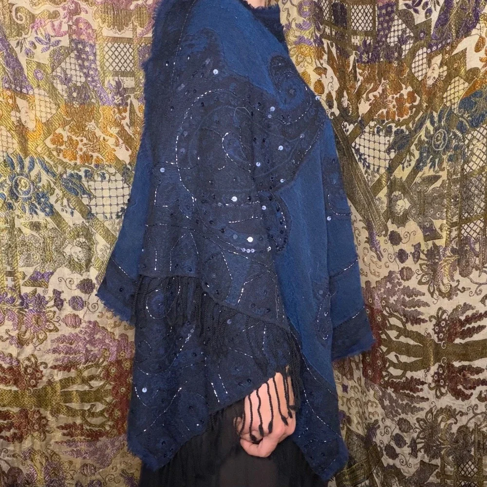 Whimsigoth Blue Black Beaded Sequin Floral Goth Fairy Fringe Scarf/Shawl